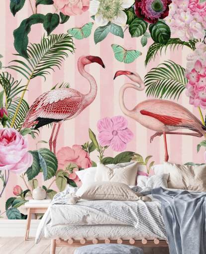 papier peint mural de flamants roses et verts appelé Flamingo Rendezvous par Andrea Haase pour les chambres
