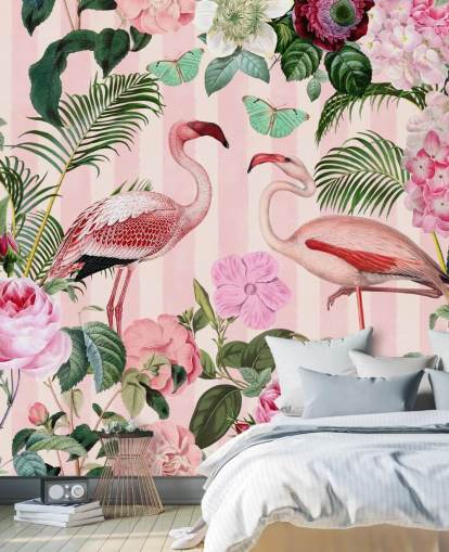 rosafarbenes und grünes Flamingo-Tapetenwandbild namens Flamingo Rendezvous von Andrea Haase für Schlafzimmer rosafarbenes und grünes Flamingo-Tapetenwandbild namens Flamingo Rendezvous von Andrea Haase für Schlafzimmer