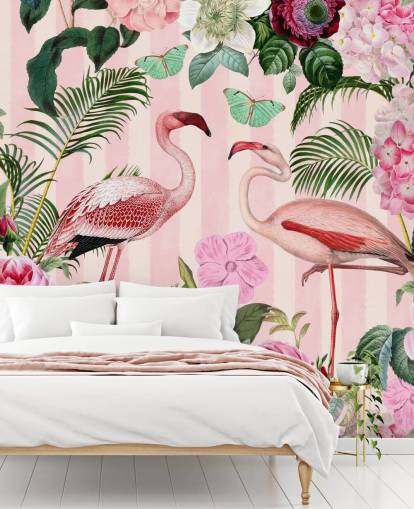 papier peint mural de flamants roses et verts appelé Flamingo Rendezvous par Andrea Haase pour les chambres