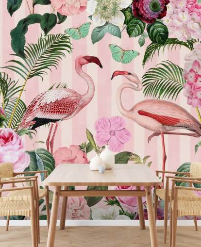 rosa och grön flamingo tapetväggmålning som heter Flamingo Rendezvous av Andrea Haase för sovrum