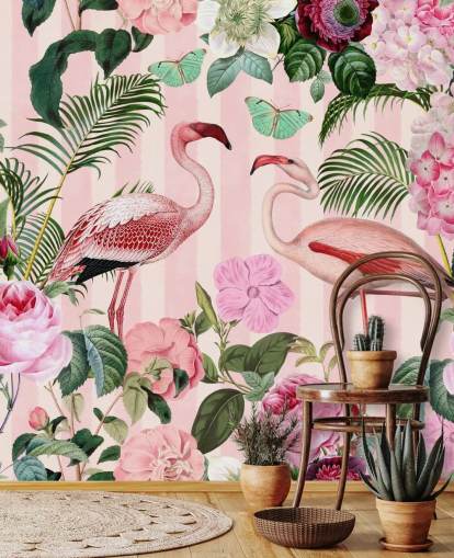 lyserødt og grønt flamingo tapetmaleri kaldet Flamingo Rendezvous af Andrea Haase til soveværelser