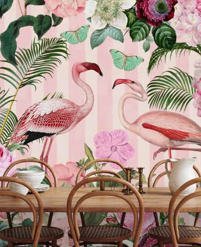 lyserødt og grønt flamingo tapetmaleri kaldet Flamingo Rendezvous af Andrea Haase til soveværelser lyserødt og grønt flamingo tapetmaleri kaldet Flamingo Rendezvous af Andrea Haase til soveværelser