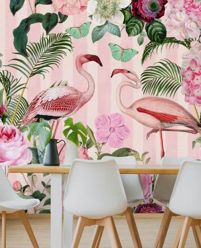 carta da parati murale con fenicotteri rosa e verdi chiamata Flamingo Rendezvous di Andrea Haase per camere da letto