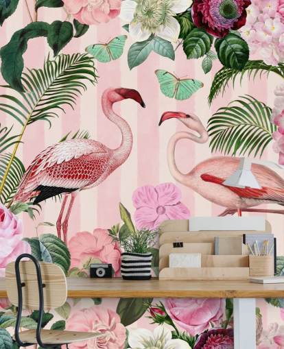 lyserødt og grønt flamingo tapetmaleri kaldet Flamingo Rendezvous af Andrea Haase til soveværelser