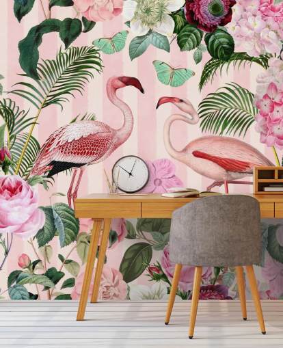 lyserødt og grønt flamingo tapetmaleri kaldet Flamingo Rendezvous af Andrea Haase til soveværelser