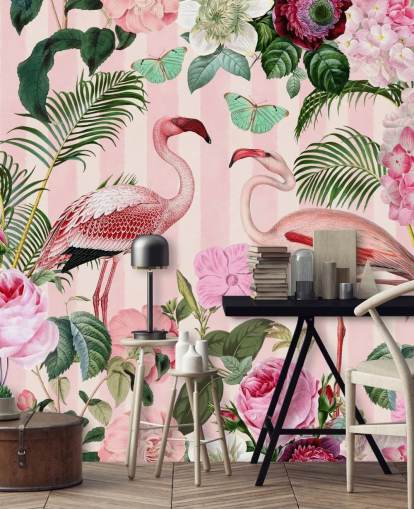 pink and green flamingo wallpaper mural called Flamingo Rendezvous by Andrea Haase for bedrooms