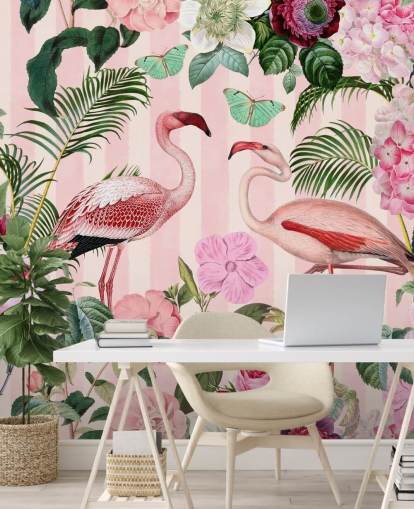 pink and green flamingo wallpaper mural called Flamingo Rendezvous by Andrea Haase for bedrooms