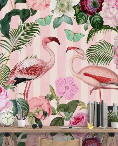 roze en groene flamingo behangmuurschildering genaamd Flamingo Rendezvous van Andrea Haase voor slaapkamers