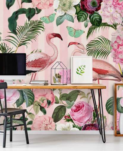 rosa och grön flamingo tapetväggmålning som heter Flamingo Rendezvous av Andrea Haase för sovrum rosa och grön flamingo tapetväggmålning som heter Flamingo Rendezvous av Andrea Haase för sovrum