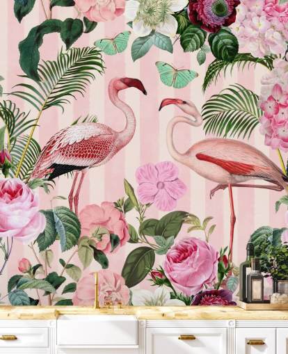 pink and green flamingo wallpaper mural called Flamingo Rendezvous by Andrea Haase for bedrooms