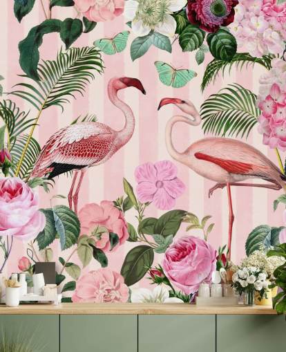 rosafarbenes und grünes Flamingo-Tapetenwandbild namens Flamingo Rendezvous von Andrea Haase für Schlafzimmer