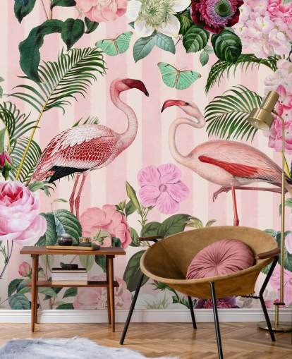 carta da parati murale con fenicotteri rosa e verdi chiamata Flamingo Rendezvous di Andrea Haase per camere da letto