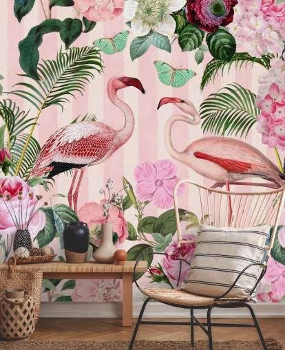 carta da parati murale con fenicotteri rosa e verdi chiamata Flamingo Rendezvous di Andrea Haase per camere da letto carta da parati murale con fenicotteri rosa e verdi chiamata Flamingo Rendezvous di Andrea Haase per camere da letto