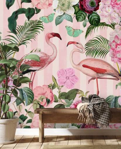 pink and green flamingo wallpaper mural called Flamingo Rendezvous by Andrea Haase for bedrooms