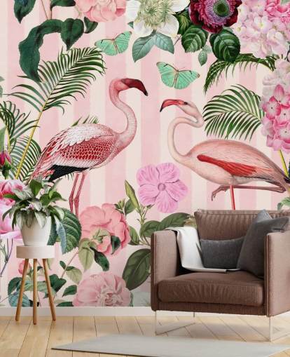 rosa och grön flamingo tapetväggmålning som heter Flamingo Rendezvous av Andrea Haase för sovrum