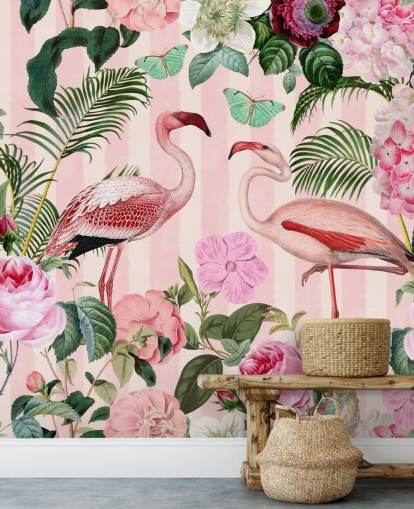 mural de papel de parede de flamingo rosa e verde chamado Flamingo Rendezvous de Andrea Haase para quartos
