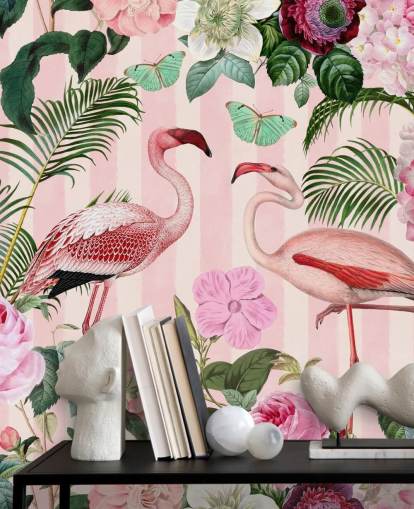 pink and green flamingo wallpaper mural called Flamingo Rendezvous by Andrea Haase for bedrooms