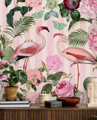 mural de papel pintado de flamencos rosas y verdes llamado Flamingo Rendezvous de Andrea Haase para dormitorios