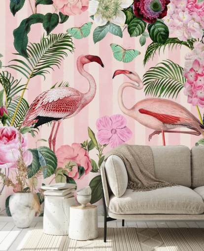 rosa og grønt flamingo tapetmaleri kalt Flamingo Rendezvous av Andrea Haase for soverom