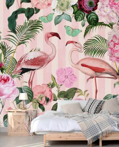 papier peint mural de flamants roses et verts appelé Flamingo Rendezvous par Andrea Haase pour les chambres