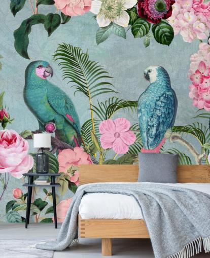 papel pintado rosa y verde de la jungla llamado Jungle Rendezvous de Andrea Haase