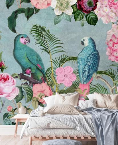 pink and green jungle wallpaper called Jungle Rendezvous by Andrea Haase