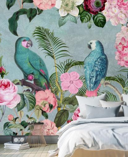 papel pintado rosa y verde de la jungla llamado Jungle Rendezvous de Andrea Haase papel pintado rosa y verde de la jungla llamado Jungle Rendezvous de Andrea Haase