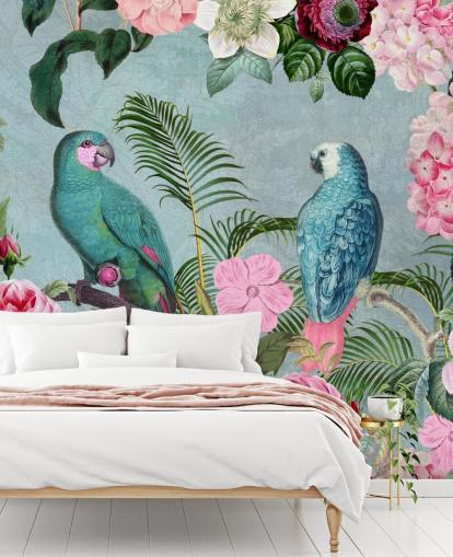 pink and green jungle wallpaper called Jungle Rendezvous by Andrea Haase