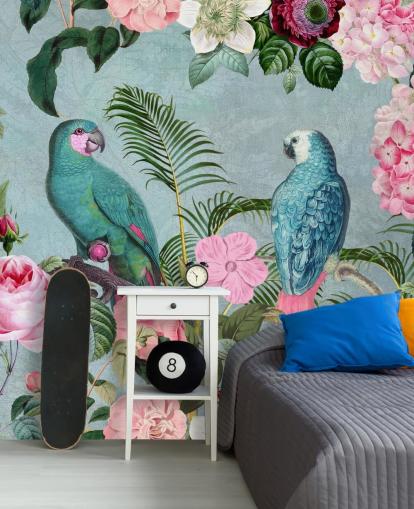 pink and green jungle wallpaper called Jungle Rendezvous by Andrea Haase
