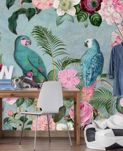 pink and green jungle wallpaper called Jungle Rendezvous by Andrea Haase