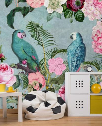pink and green jungle wallpaper called Jungle Rendezvous by Andrea Haase