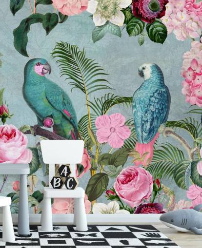 papier peint de la jungle rose et vert appelé Jungle Rendezvous par Andrea Haase