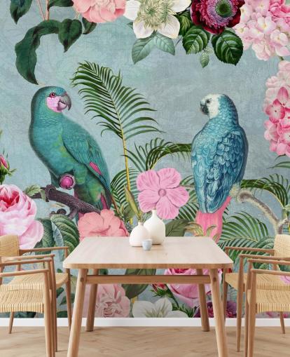 papel pintado rosa y verde de la jungla llamado Jungle Rendezvous de Andrea Haase papel pintado rosa y verde de la jungla llamado Jungle Rendezvous de Andrea Haase