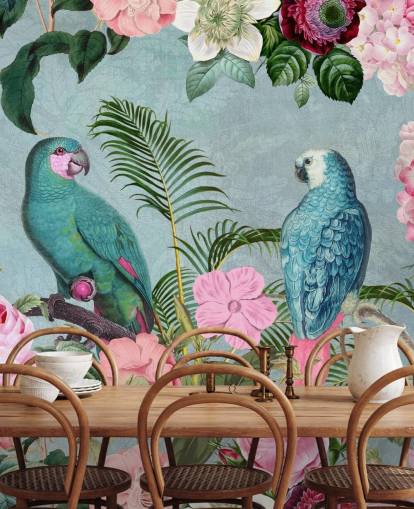 rosafarbene und grüne Dschungeltapete namens Jungle Rendezvous von Andrea Haase