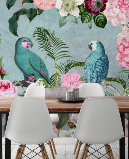 papier peint de la jungle rose et vert appelé Jungle Rendezvous par Andrea Haase