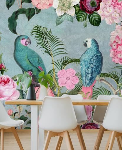 rosafarbene und grüne Dschungeltapete namens Jungle Rendezvous von Andrea Haase rosafarbene und grüne Dschungeltapete namens Jungle Rendezvous von Andrea Haase