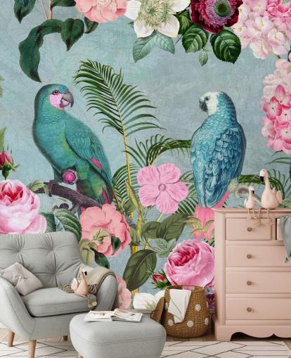 papel de parede rosa e verde da selva chamado Jungle Rendezvous por Andrea Haase