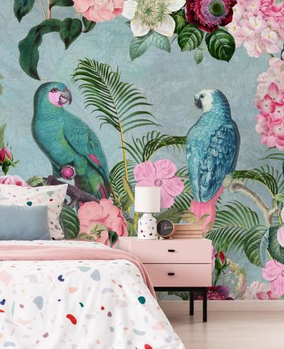 papel pintado rosa y verde de la jungla llamado Jungle Rendezvous de Andrea Haase