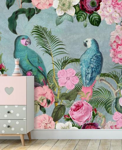papel de parede rosa e verde da selva chamado Jungle Rendezvous por Andrea Haase