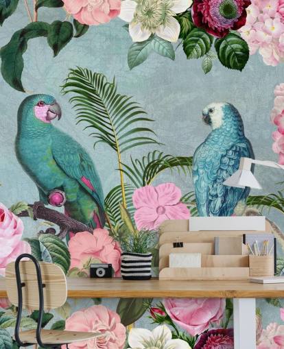 roze en groen junglebehang genaamd Jungle Rendezvous van Andrea Haase