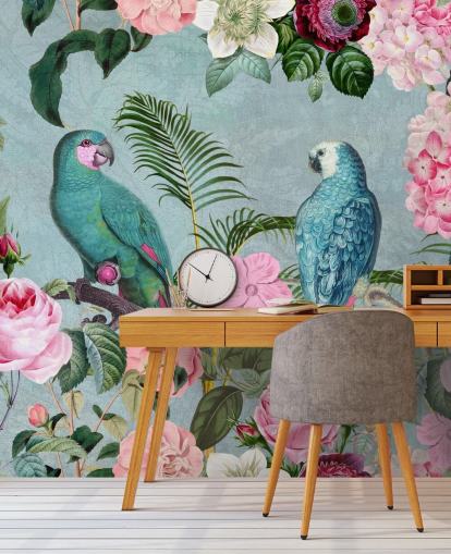 papel pintado rosa y verde de la jungla llamado Jungle Rendezvous de Andrea Haase papel pintado rosa y verde de la jungla llamado Jungle Rendezvous de Andrea Haase