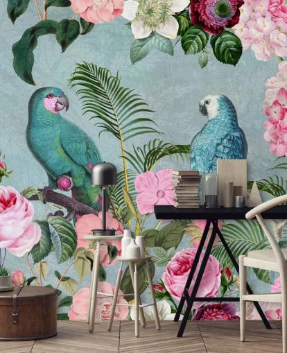 roze en groen junglebehang genaamd Jungle Rendezvous van Andrea Haase roze en groen junglebehang genaamd Jungle Rendezvous van Andrea Haase