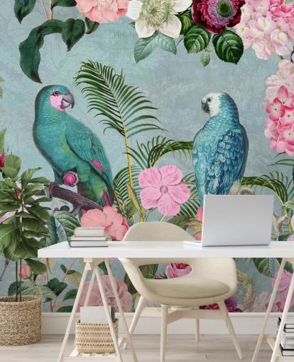 papier peint de la jungle rose et vert appelé Jungle Rendezvous par Andrea Haase