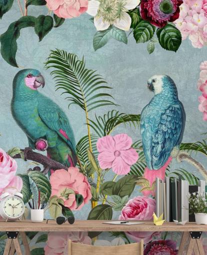 papel de parede rosa e verde da selva chamado Jungle Rendezvous por Andrea Haase