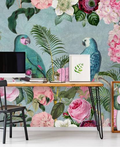 papier peint de la jungle rose et vert appelé Jungle Rendezvous par Andrea Haase