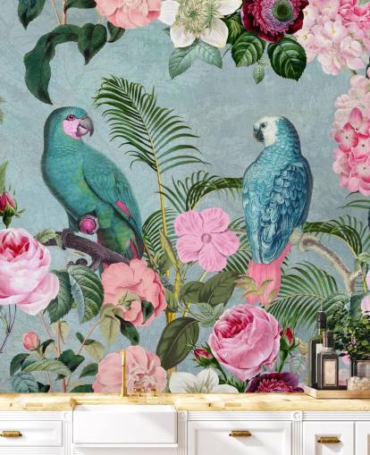 papel de parede rosa e verde da selva chamado Jungle Rendezvous por Andrea Haase