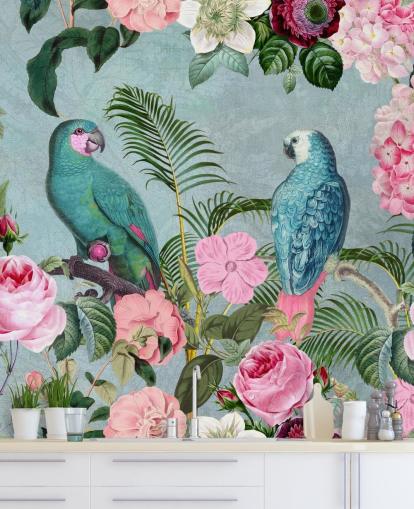 rosa och grön djungel tapet som heter Jungle Rendezvous av Andrea Haase rosa och grön djungel tapet som heter Jungle Rendezvous av Andrea Haase