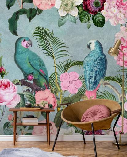 papel pintado rosa y verde de la jungla llamado Jungle Rendezvous de Andrea Haase papel pintado rosa y verde de la jungla llamado Jungle Rendezvous de Andrea Haase