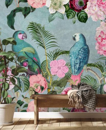 roze en groen junglebehang genaamd Jungle Rendezvous van Andrea Haase