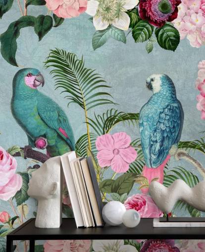 pink and green jungle wallpaper called Jungle Rendezvous by Andrea Haase